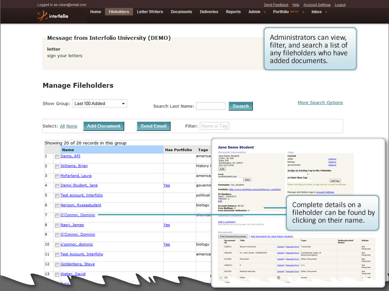 Fileholders List Screen